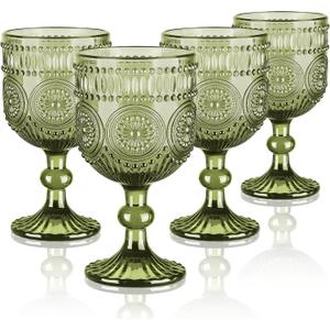 Joeyan Vintage Wine Glasses,12 oz Embossed Sunflower Green Goblet,Set of 4