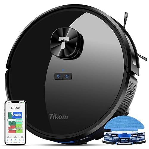 Tikom Robot Vacuum And Mop Combo With LiDAR Navigation, L9000 Robotic Vacuum Cleaner With 4000Pa Suction,150Min Max, 14 No-Go Zones, Smart Mapping, Good For Pet Hair, Carpet, Hard Floor(Dark Black)