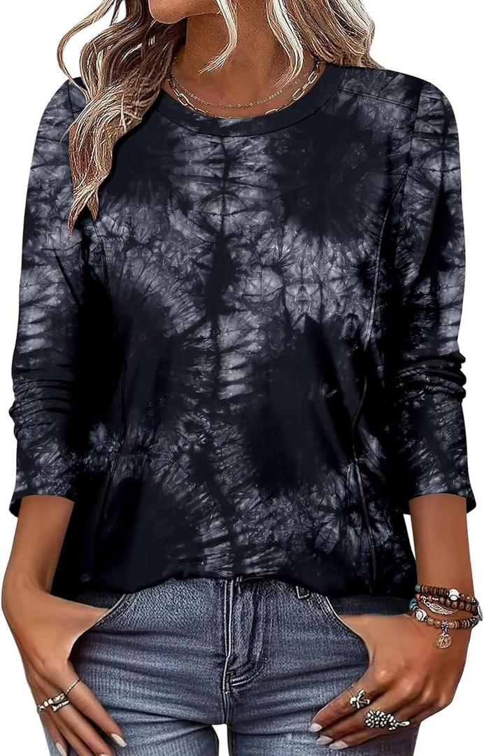 KISSMODA Women Long Sleeve Tops Dressy Casual Crew Neck Tshirts Basics Tee Work Blouses Fall Fashion Tops (3X-Large, Tiedyeblack)