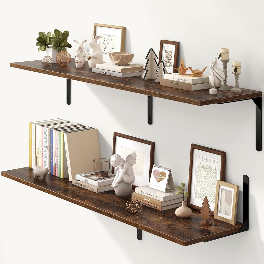 Fun Memories Rustic Brown 12 Inch Deep Floating Shelves Set of 2, Wall Mounted Shelf with Metal Brackets, Rustic Wood Wall Shelf for Bathroom, Kitchen and Living Room, Rustic Brown, 55W x 12D