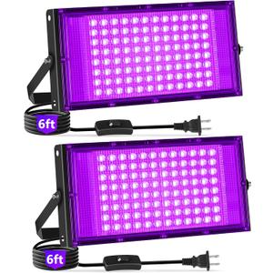 100W Black Lights with Switch+Plug, IP66 Waterproof, LED Blacklight Flood Light for Glow Party, Halloween, Bedroom, Fluorescent Poster, Body Paint, 2 Pack