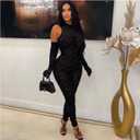 sedmoda Women Sexy Bodycon Velvet Jumpsuit Sheer Mesh Patchwork One Piece Party Club Outfits with Gloves (Black, M)
