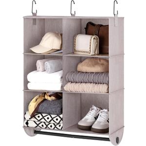 StorageWorks Hanging Closet Organizer with Metal Rod, 6-Section Closet Organizers and Storage, Collapsible Hanging Shelves for Wardrobe Organizer, Nursery, Bedroom, Light Khaki