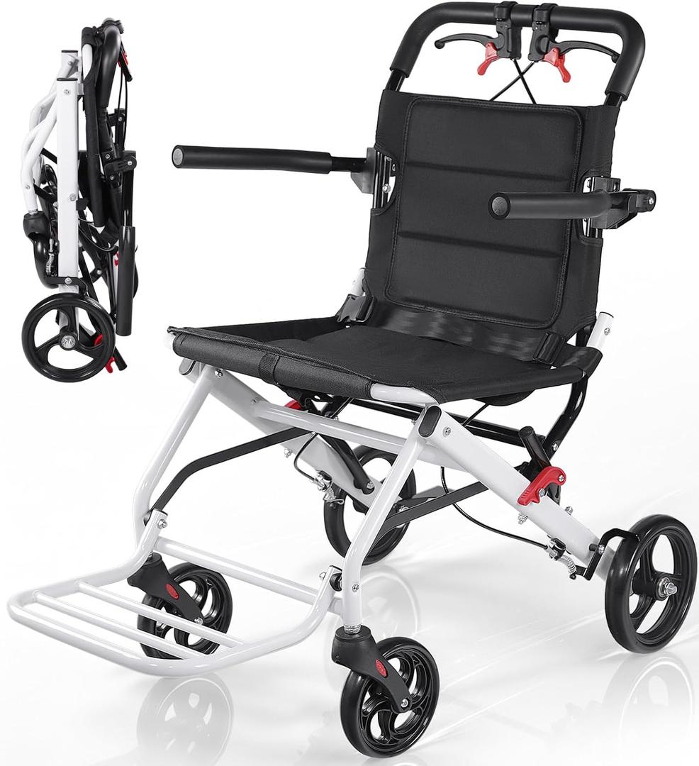 Aevi Lightweight Transport Wheelchair for Adults & Seniors, 19 lbs Folding Travel Wheelchair with 17.7" Seat, Portable Transport Chair for Caregivers, Narrow Wheelchair for Doorways (White - 1)