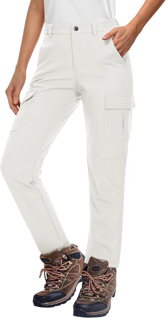 MAGCOMSEN Women's Fleece Lined Winter Hiking Waterproof Insulated Outdoor Snow Ski Softshell Pants for Cold Weather (Large, White)