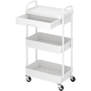 Dttwacoyh 3-Tier Rolling CartTrolley with Drawer, Multifunctional Storage Organizer with Plastic Shelf & Metal Wheels, Kitchen Storage Cart for Living Room, Kitchen, Office, Bathroom, White