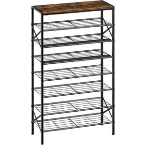 8-Tier Tall Shoe Rack Organizer Shoe Storage for Entryway 24-32 Pairs Metal Shoe Rack for Closet Heavy-Duty Shoe Rack with Wooden Top Shelf for Garage Rustic Brown