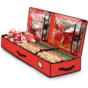 HikooLSS Wrapping Paper Organizer Storage Container 600D Heavy Duty Tear Proof for Holiday Christmas Gift Wrapping Storage with Flexible Partitions Storage Container for Ribbon, Accessories (Red)