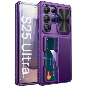 Vihibii for Samsung Galaxy S25 Ultra Case with Card Holder (4 Cards), Built-in 2X Tempered Glass Screen Protector, Slide Lens Cover, Rugged & Shockproof Wallet Case for S25 Ultra 6.9" 5G, Dark Purple