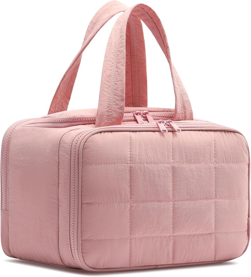 Travel Toiletry Bag, Puffy Wide-open Quilted Makeup Bag for Women,Lightweight Cosmetic Travel Bag Organizer with Handle for Traveling, Accessories, Essentials Toiletries, Pink