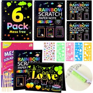 JMMICO 6 Packs Rainbow Scratch Notebook, Goodie Bags Stuffers for Kid, Scratch Art for Kids with Reusable Cleaner Tool, Arts and Crafts for Kids 4-8-12, Gifts for 4 5 6 7 8 9 Year Old Girl Boy