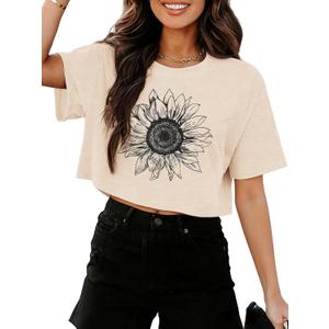 Binshre Womens Short Sleeve Crops Tops Summer Graphic Tees Crew Neck Cropped T Shirts Casual Loose Fit Blouse (X-Large, Beige-sunflower)