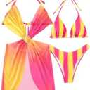 OYOANGLE Women's 3 Piece Bikini Set Colorblock Ruched Triangle Halter Tie Backless High Cut Swimsuit with Cover Ups