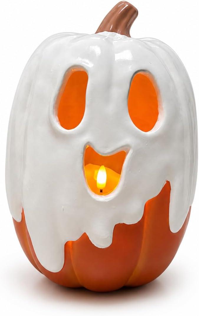 Halloween Decorations - 9.45" H Resin Ghost Pumpkin with Flameless Candle for Indoor Outdoor - Cute Spooky Decoration Centerpieces Halloween Decor for Tables Porch Yard Home Front Door Mantel