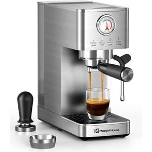 Maestri House Espresso Machine, 20 Bar ULKA Pump, Compact Espresso Maker Built-in Flow Meter Steam Milk Frother, Stainless Steel Coffee Machine for Cappuccino, Latte (Silver)