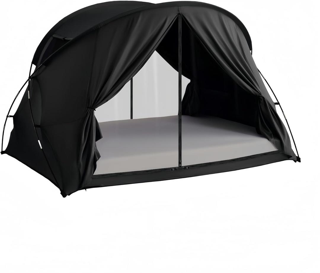 Black Privacy Sleep Indoor Full Size Bed Tent for Adults Kids, Foldable Blackout 90% Canopy Tents with Breathable Mesh Windows and Net Doors Curtains
