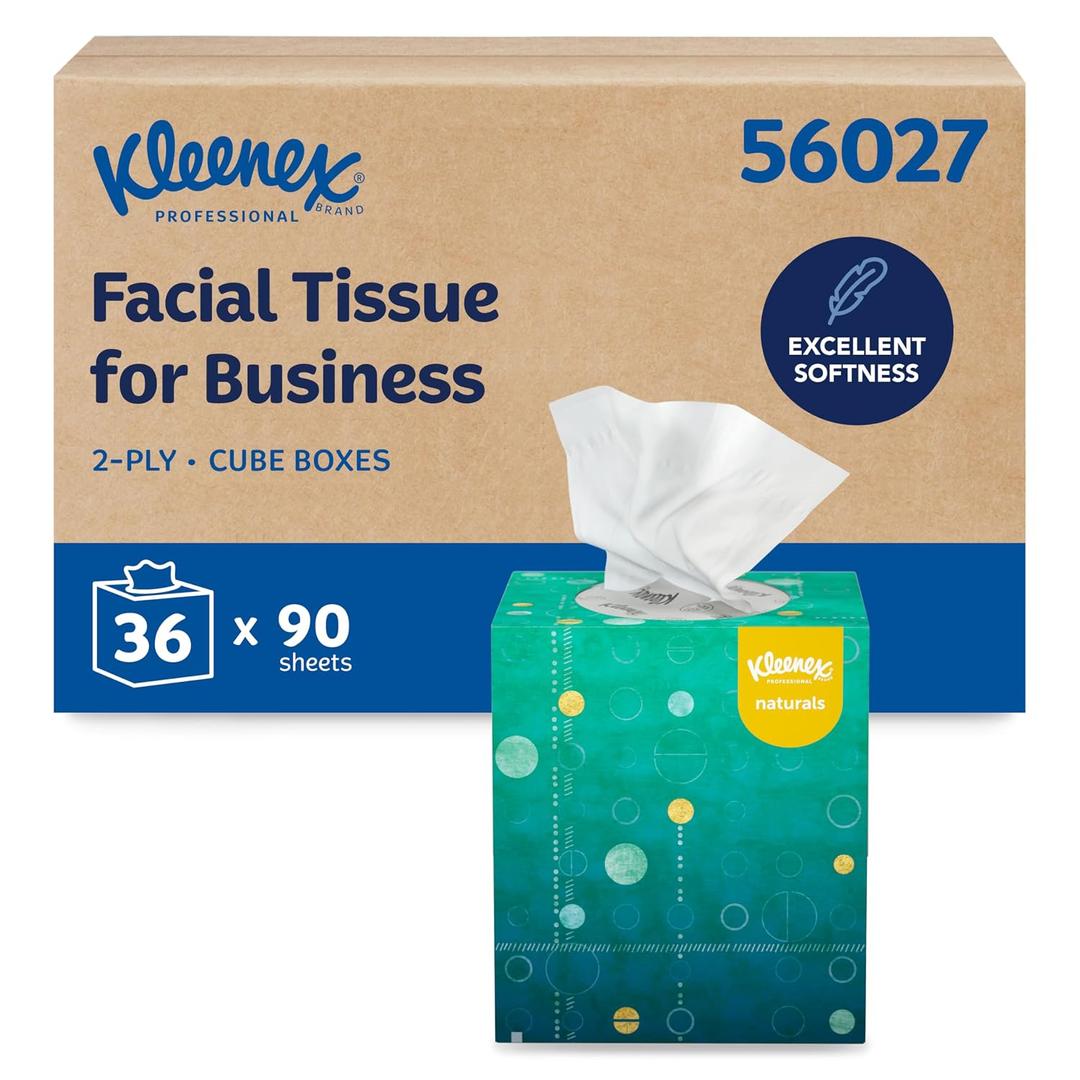 Kleenex Professional Naturals Facial Tissue with Plastic-Free Eco Packaging, Bulk (56027), 2-Ply, White, Upright Cube Boxed Format, Designed for Business (90 Tissues/Box, 36 Boxes, 3,240 Sheets/Case)