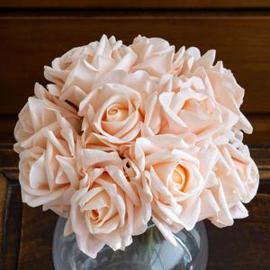 Artificial Roses-10-pcs Soft Touch Fake Flowers with Stems, Realistic Bridal Bouquet & Bulk Home Party Wedding Decor Roses (Pink Champagne 10pcs)