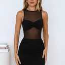 Memoriesea Women's Summer Mesh Sleeveless Boat Neck Bodycon Party Club Mini Dress (Black, S)