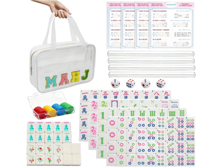 American Mahjong Game Set,Mahjong Set,Complete Mahjong Tile Set with 166 White Tiles (1.2’’),4 Tile rulers,4 dice,1 Bag,100 Chips,5 Instruction Manuals,Mahjong Game Gift for Enthusiasts