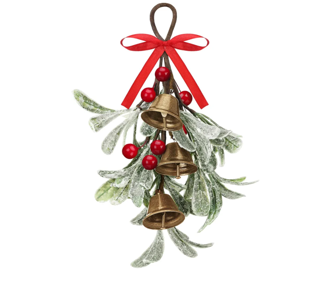 Tigeen Christmas Mistletoe Kiss Decor with Metal Bells and Bow Knots 8.6 Inch Artificial Christmas Mistletoe Hanging Ornaments for Xmas Party Tree Doors Walls Window Fireplaces Decorations(Red)
