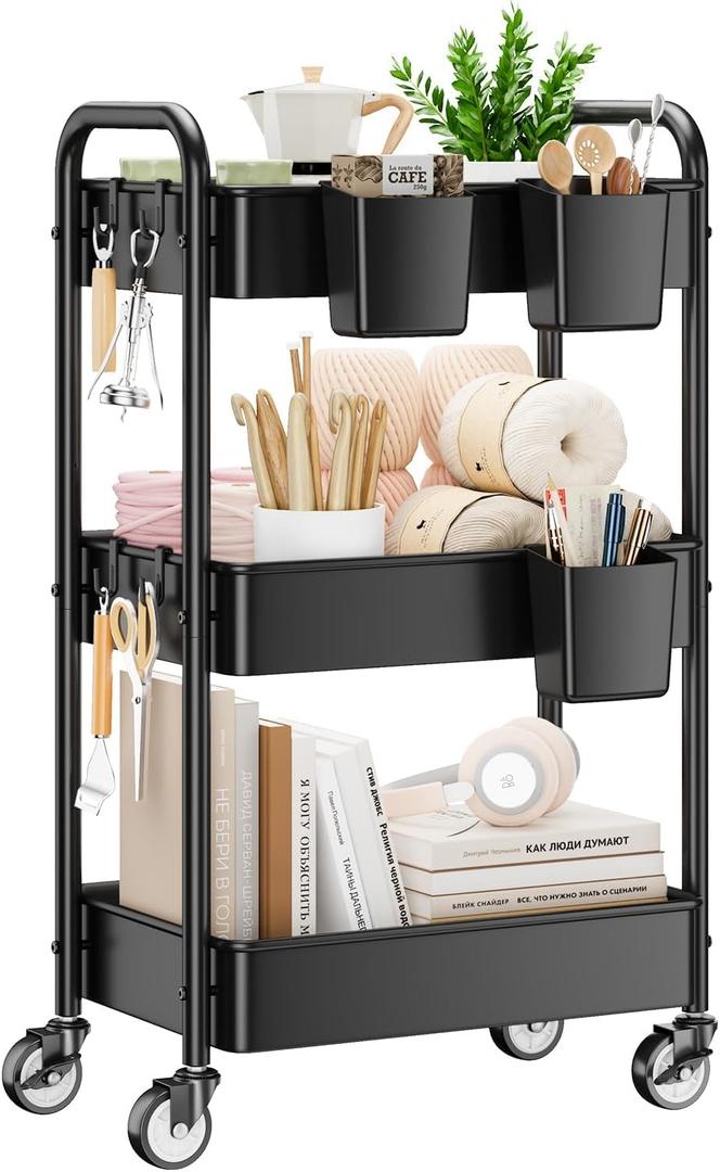 YASONIC 3 Tier Rolling Cart - Metal Utility Cart with Wheels, Hanging Cups, Hooks, Heavy Duty Mesh Rolling Storage Cart Organizer, Craft Cart for Kitchen Office, Lightweight and Sturdy (Black)