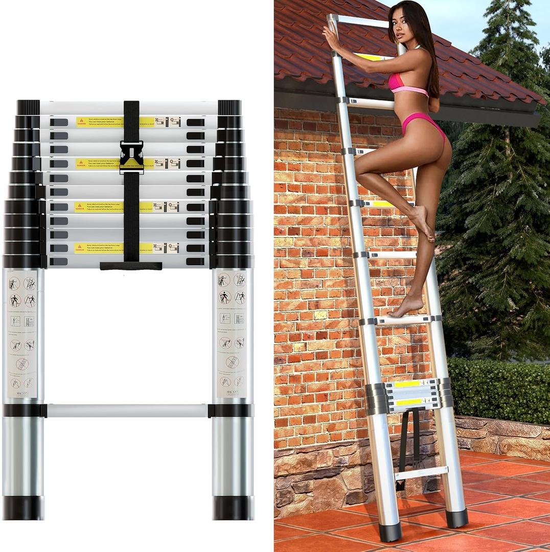 Telescoping Ladder 12.5FT Aluminum Extension Ladder with Safety Lock, Lightweight Folding Ladder for Home, Roof, RV, Attic & Outdoor Use, 330lbs Capacity (Silver Color)