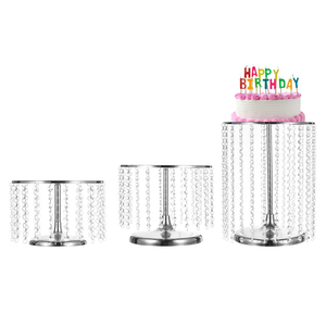 3pcs Metal Cake Stand with Crystal Bling Pendants, Round Dessert Cupcake Display Plate for Wedding Event Birthday Party Dessert Table, Silver