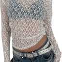 MakeMeChic Women's Floral Lace Asymmetrical Neck Tee Shirt Long Sleeve Slim Fit Crop Top (Large, White)