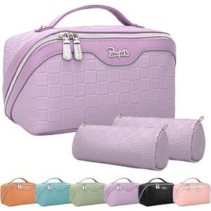 BOYATU Travel Makeup Bag Organizer Cosmetic Bag: 3 Pcs Set Make up Bags for Women with Handle - Waterproof Vegan Leather Toiletry Bags with Comparments (C-01-Purple)