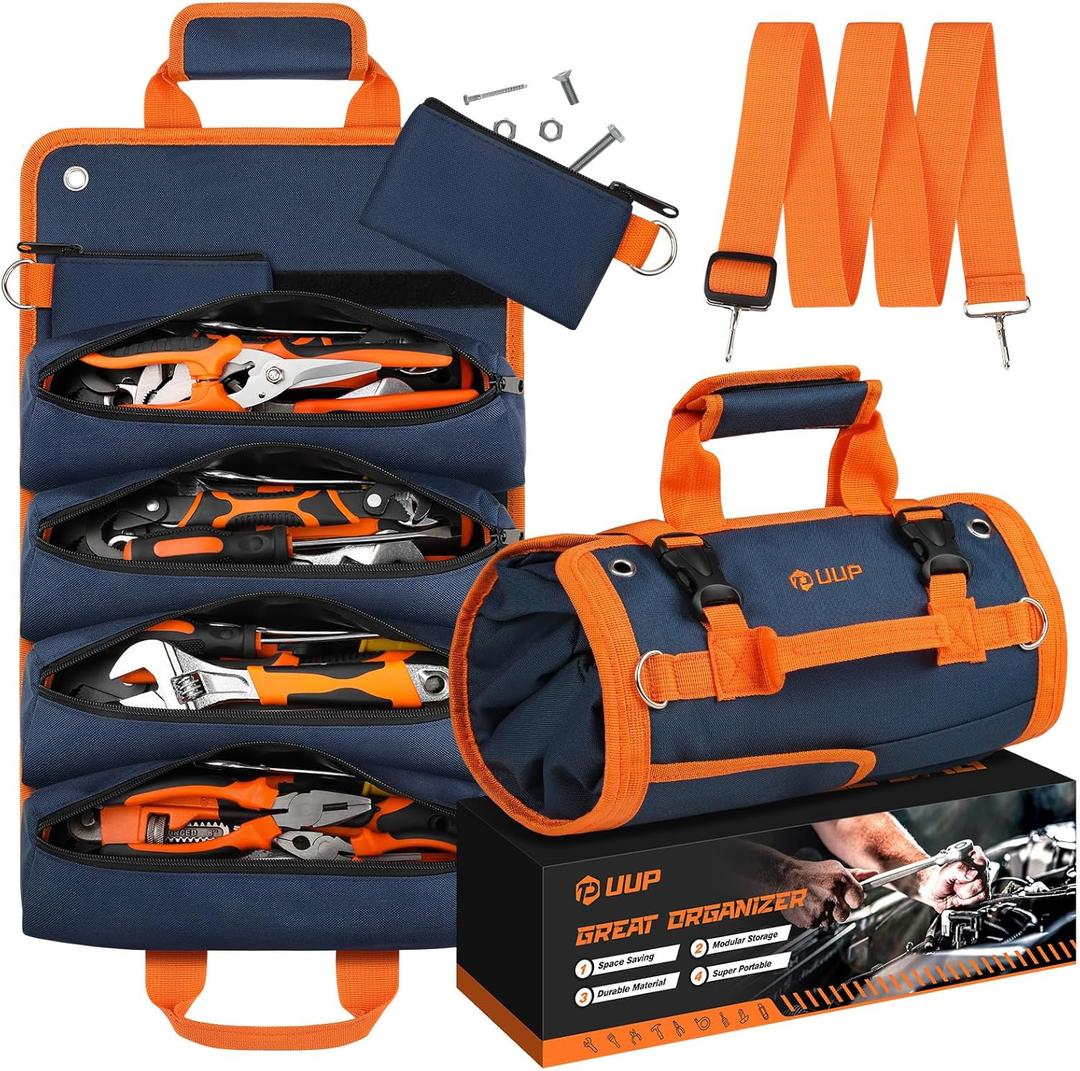 Tool Bag Roll Up, UUP Heavy Duty Rolled Empty Tool Storage Organization, Portable Foldable Rollup Organizer with 2 Small Pouches, Rollable Carrying Toolbag, Dad Men Mechanic Birthday Gift, Blue Orange