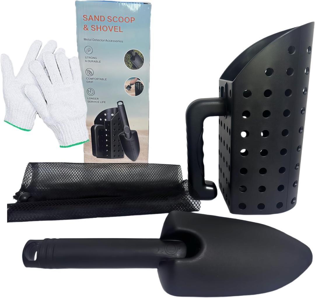 Metal Detector Accessories Kit  Sand Scoop & Metal Detector Shovel, Sand Sifter for Beach, Heavy-Duty Lightweight Tools-Come with Mesh Bag and Gloves