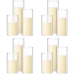 Shihanee Set of 12 Pillar Candles and Glass Cylinder Vases Clear Cylinder CandleHolders for Slim Pillar Candles Wedding Centerpieces(2.6''x 4.7'', 5.9'', 7.9'',Ivory White)