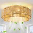 Rattan Boho Ceiling Fans Lights: 19.3'' Low Profile Layered Ceiling Fans with Light & Remote Control Flush Mount Modern Fandelier with Reversible 6 Speeds for Bedroom, Nursery, Living Room, E26 Base