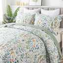 HoneiLife Floral Quilt King Size - 3 Pieces Microfiber Quilt Sets Lightweight Bedspreads Wildflower Coverlets Retro Bed Cover King Quilt Bedding Set All Season Quilts (King-106" x 96", Green & White)