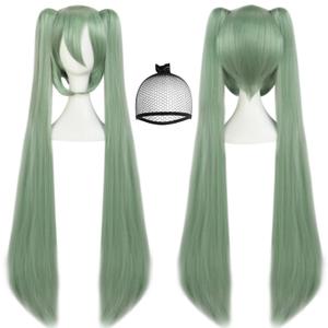 JoneTing Light Green Wig+ Hair Cap Long Green Cosplay Wig with Double Ponytails Wigs for Women Long Gray Green Ponytail Hair for Anime Halloween Party Cosplay Costume Outfits