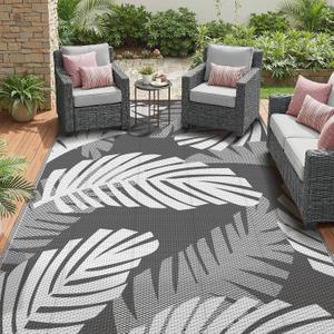 GENIMO Waterproof Outdoor Rug 6' x 9' for Patio Decor, Reversible Plastic Straw Area Rugs for Camping Clearance, RV Mat, Large Outside Carpet for Porch, Deck, Picni, Balcony, Garden, Grey & White