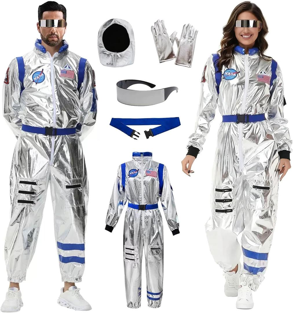 Akokvlar 5Pcs Adult Astronaut Costume Silver Spaceman Suit for Men Women Halloween Cosplay Set (Large, Blue)