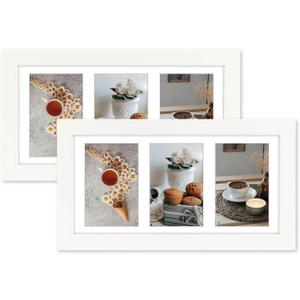 Golden State Art, Set of 2, 7x14 White Photo Wood Collage Frame with Mat Displays (3) 4"x6" Pictures (Wood - White with White Mat)
