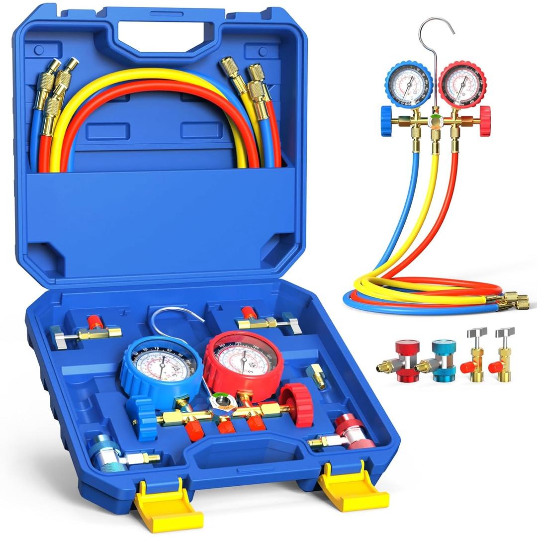 Luney 3 Way AC Gauges Set, AC Manifold Gauge Set for R134a R12 R22 R502 Refrigerant, Automotive HVAC Freon Recharge Kit with 4FT Flameproof Hoses, Couplers, Adapter, Self Sealing & Puncturing Can Tap