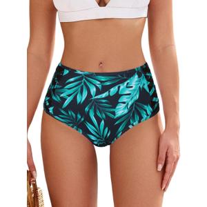 ZAFUL Women High Waist Bikini Bottom Side Mesh Spliced Tankini Swimsuit Swim Briefs Bathing Suit Bottom (Medium, Blue Leaf)