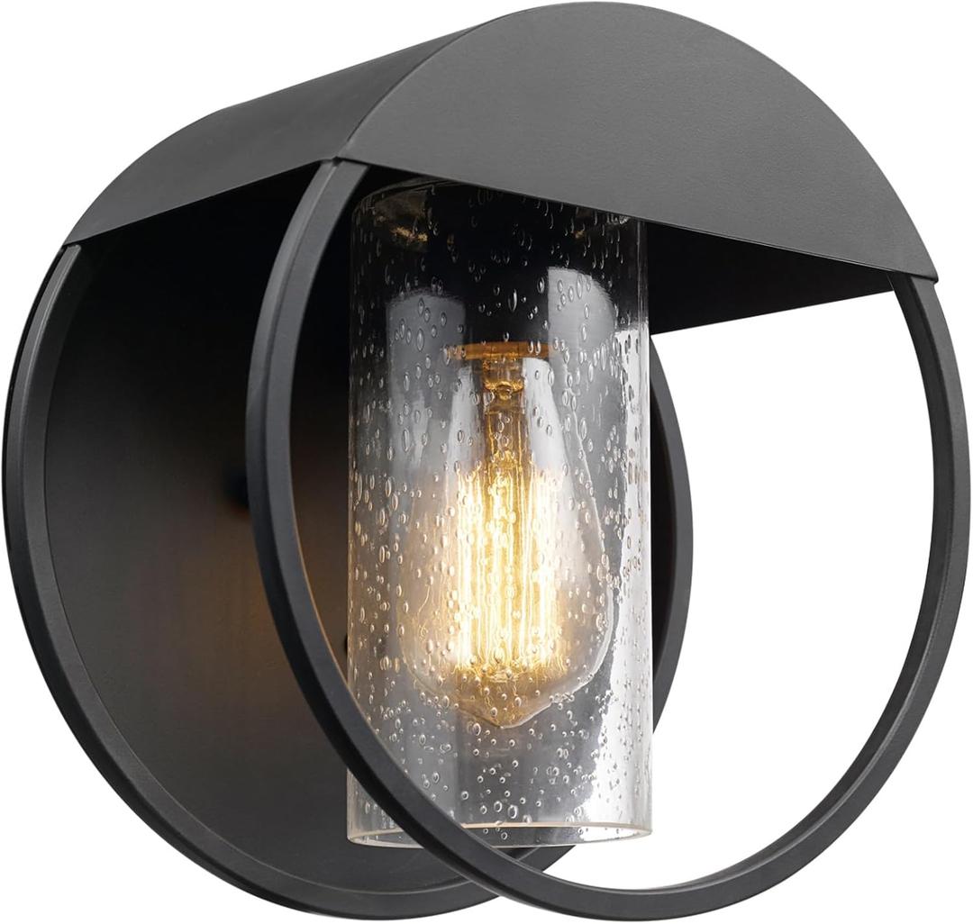 Globe Electric 44388 1-Light Indoor/Outdoor Wall Sconce, Matte Black Finish, Seeded Glass Shade, Weather-Resistant, E26 Base