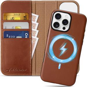 SHIELDON Case for iPhone 16 Pro Max 6.9", Genuine Leather 2 in 1 Wallet Kickstand RFID Blocking Card Holder Magnetic Shockproof Wireless Charging Case Compatible with iPhone 16 Pro Max - Retro Brown