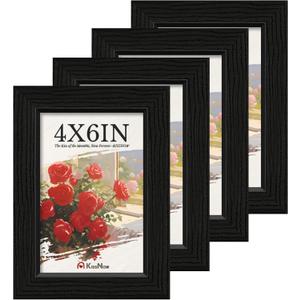 4x6 Picture Frame 4 Pack, Black Solid Wood Gallery Photo Frame, Wall Hanging or Tabletop Display