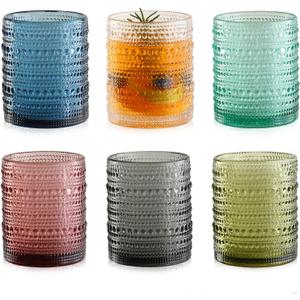 KMIGRUAN Colored Hobnail Drinking Glasses Set of 6,12oz Vintage Kitchen Glassware,Embossed Beaded Glass Cups,Water Tumbler for Cocktail,Juice and Various Mixed Drinks