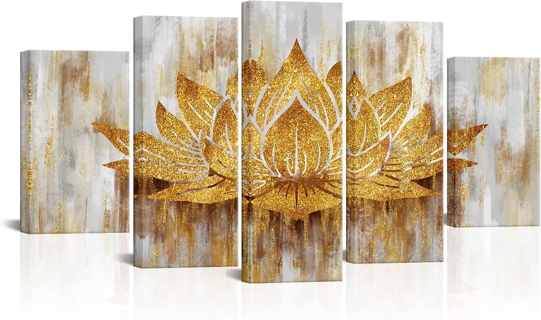 sechars 5 Piece Lotus Flower Wall Art Abstract Golden Floral Painting Canvas Prints Zen Artwork for Home Office Living Room Gold Decor Gallery Wrapp Ready to Hang (Large)