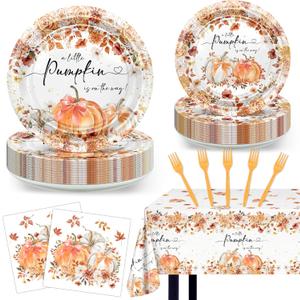 Little Pumpkin Baby Shower Decorations: Maple Leaves Bow Fall Baby Shower Plates and Napkins Tablecloth A Little Pumpkin Is on The Way Party Supplies Serve 24