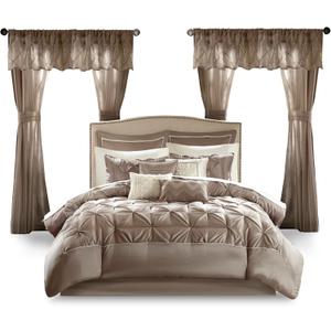 Madison Park Essentials Room in a Bag Faux Silk Comforter Set - Luxe Diamond Tufting All Season Bedding, Matching Curtains, Decorative Pillows, Taupe Queen(90"x90") 24 Piece