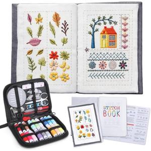 2026 Upgraded Embroidery Stitch Book Kit for Beginners & Adults, 86 Pcs DIY Hand Sewing Starter Set, 106 Patterns on Linen, Modern Botanical Sampler with Cotton Threads & Case, Art Gift for Women