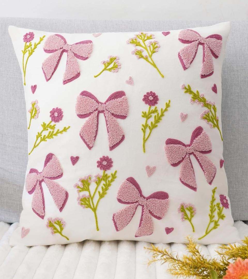 Embroidery Throw Pillow Covers 18x18-1 Pcs, Decorative Pillow Cases Soft Cushion Case Pillowcase for Chair Sofa Bedroom Living Room Home Decor, Bow